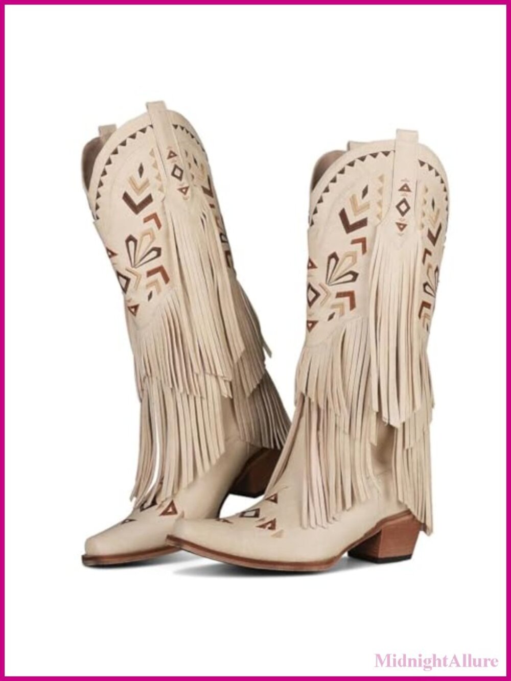 Women's Knee High Western Boots with Fringe, Pointed Toe, Block Heel, Pull On